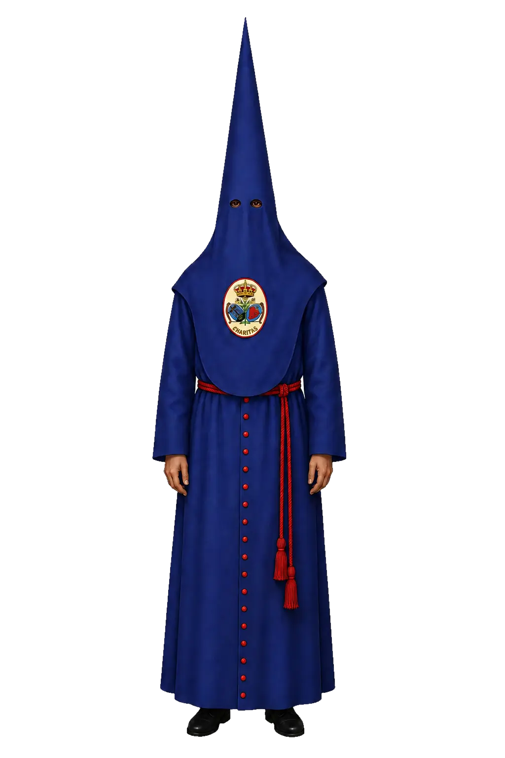 Túnica de nazareno azul del cortejo del paso de Cristo del Baratillo, con cíngulo y botonadura rojos