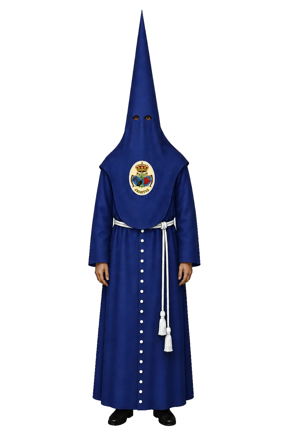 Túnica de nazareno azul del cortejo del paso de palio del Baratillo, con cíngulo y botonadura blancos