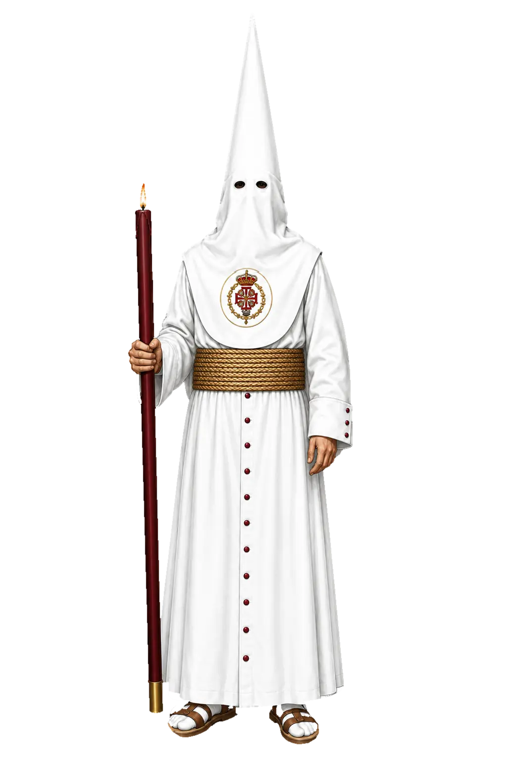 Hábito de nazareno de la Hermandad de la Sagrada Cena de Sevilla, con túnica, capirote y antifaz blancos, cinturón ancho de esparto y sandalias