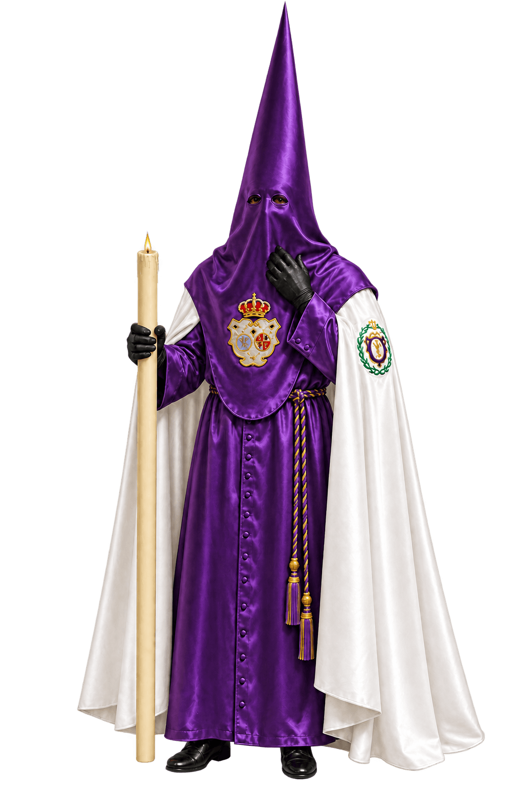 Hábito nazareno de la Hermandad de Las Cigarreras, con túnica de raso morado, antifaz morado, capa blanca, cíngulo morado y oro y guantes negros
