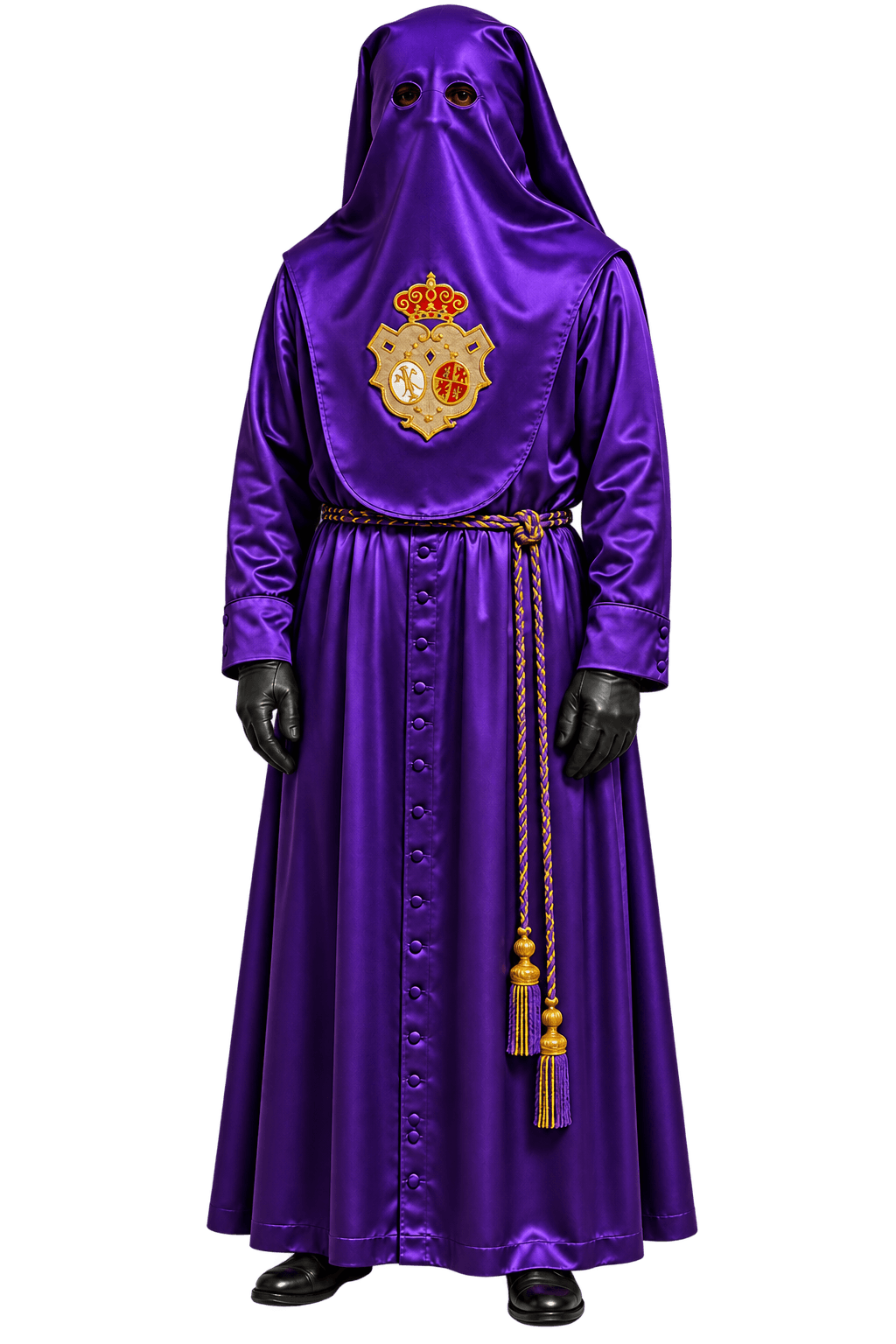 Variante del hábito nazareno de Las Cigarreras para manigueteros y penitentes, con túnica de raso morado, antifaz caído, sin capa y guantes negros