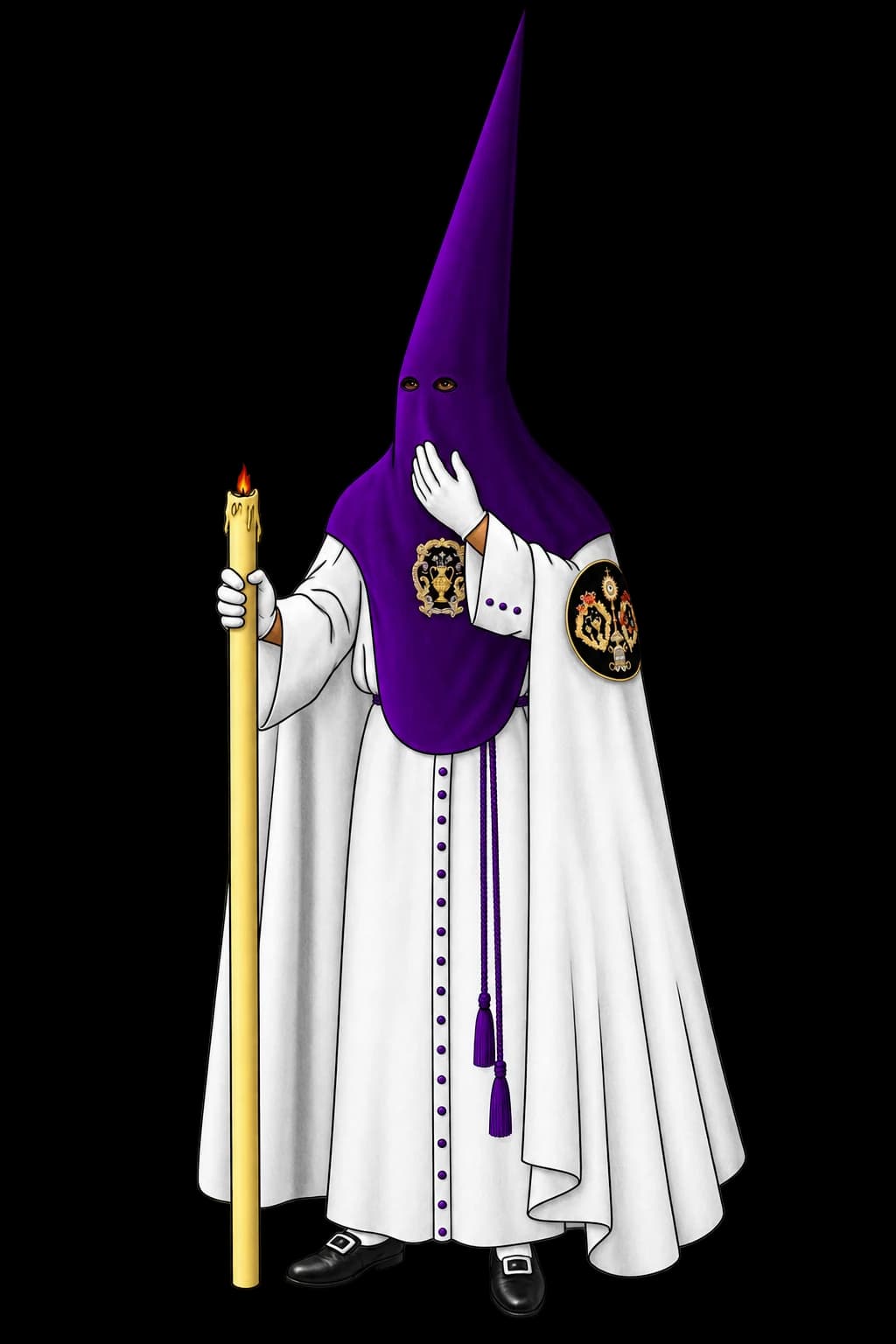 Hábito de nazareno de la Hermandad de San Benito, con túnica y capa blancas, antifaz y cíngulo morados